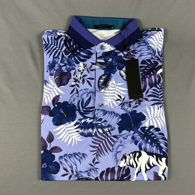 Greyson Golf Shirt Polo Floral Wolf Print Jungle XL Purple Polyester MSRP $118