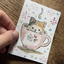 ACEO Original Mixed Media Painting Cat in Teacup Angelina Abraham 