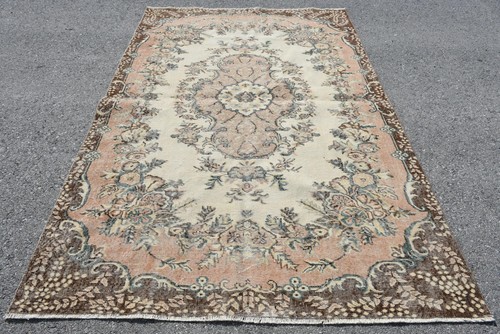 Turkish Vintage Rug 5,6x8,9 ft, Brown Large Plants & trees Wool Rug