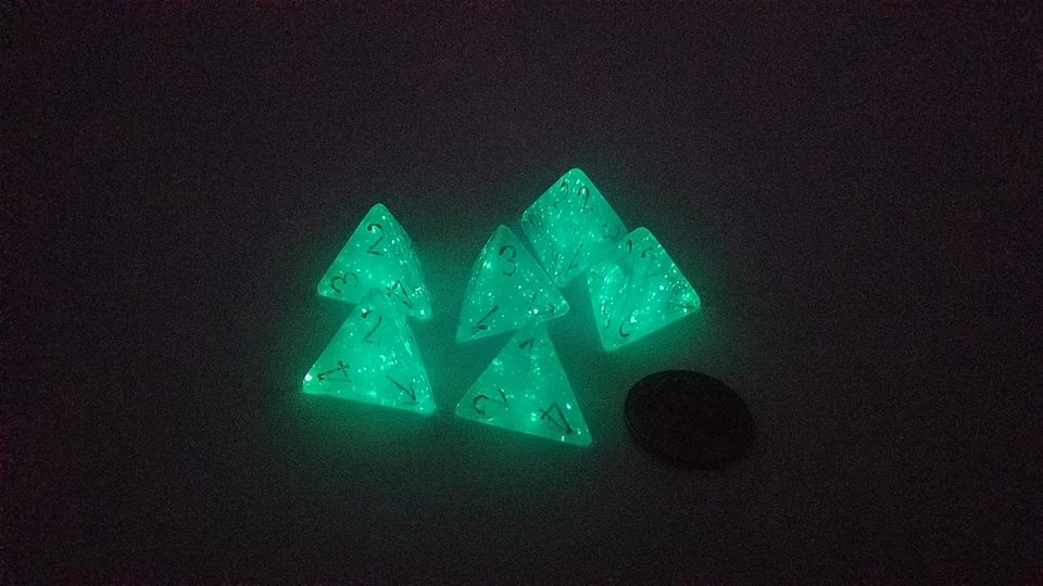 Dados de Chessex Luminaria 18 mm 4 caras D4, 6 piezas - Cielo con números plateados Foto 2 de 2