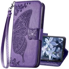 Elegant Butterfly Embossed Wallet Case for Samsung Galaxy S24, Purple Leather Co