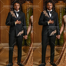 Black Men's Suit Double Breasted Jacket Tuxedo Rhinestone Prom Evening 2Pcs