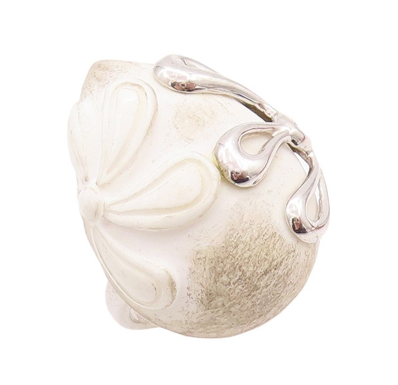 925 Sterling Silver Vintage Ring Flower Carved White Gemstone  Sz 10.5  RG28636