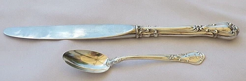 2 PC GORHAM ANTIQUE STERLING SILVER 7.5" KNIFE & DEMITASSE SPOON 4.5" M MONOGRAM