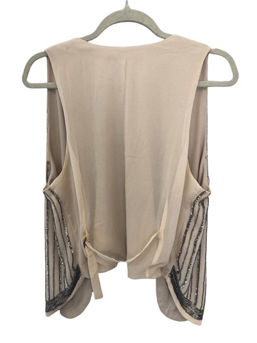 BKE boutique open front silver beaded sleeveless top tan size large - Picture 2 of 3