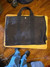 Hermès Cotton Canvas Tote Bag Black & Gray Fair Condition W/Hermès Lock No Key