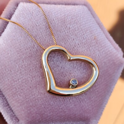 10K SOLID YELLOW GOLD OPEN HEART DIAMOND CHIP PENDANT BOX CHAIN ...