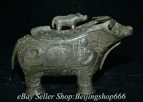 10" Old Chinese Bronze Ware Silver Dynasty Drinking vessel Cattle Zun Statue - Afbeelding 1 van 11
