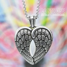 heart necklace angel wings mother of pearl  Stainless Steel by controse