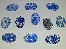 25x18MM Blue  White Floral Mixed Glass Cabochons Dome Flatback Oval NEW 5PC.