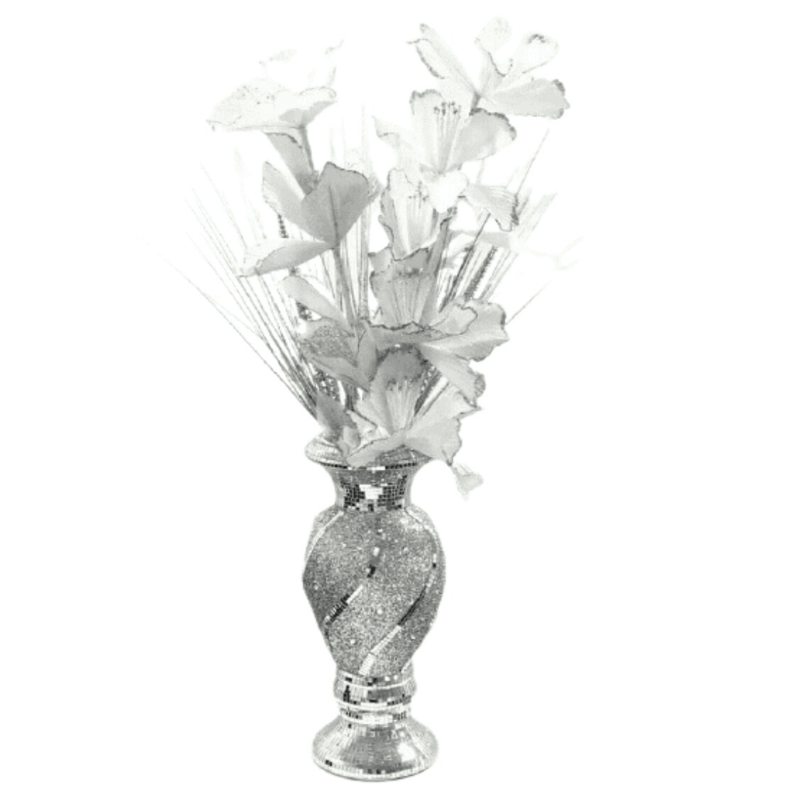 CRUSHED DIAMOND STUNNING SILVER VASE WITH WHITE AND SILVER FLOWERS