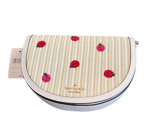 Kate Spade Luna Crescent Crossbody Straw Crossbody Embroidered Ladybugs - Picture 4 of 12