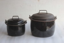 2 Pc Black Vintage Enamel Cooking Pot Kitchenware Home Decor Collectible