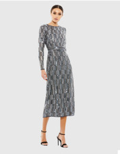 MAC DUGGAL 93590A EMBELLISHED HIGH NECK LONG SLEEVE FITTED CHARCOAL MID DRESS 16