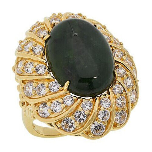 HSN Jade of Yesteryear 14K Gold over Silver Jade &Cubic Zirconia Scalloped Ring7