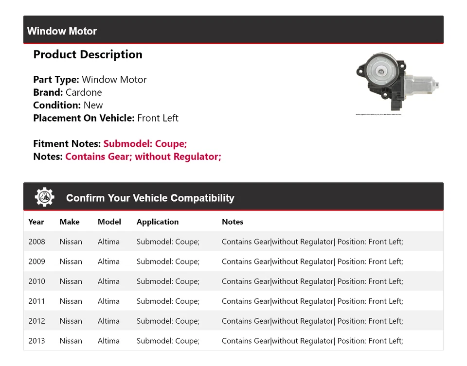 Para Nissan Altima 2008-2013 cupé ventana motor delantero izquierdo cardone 2009 2010 2011 Foto 2 de 4
