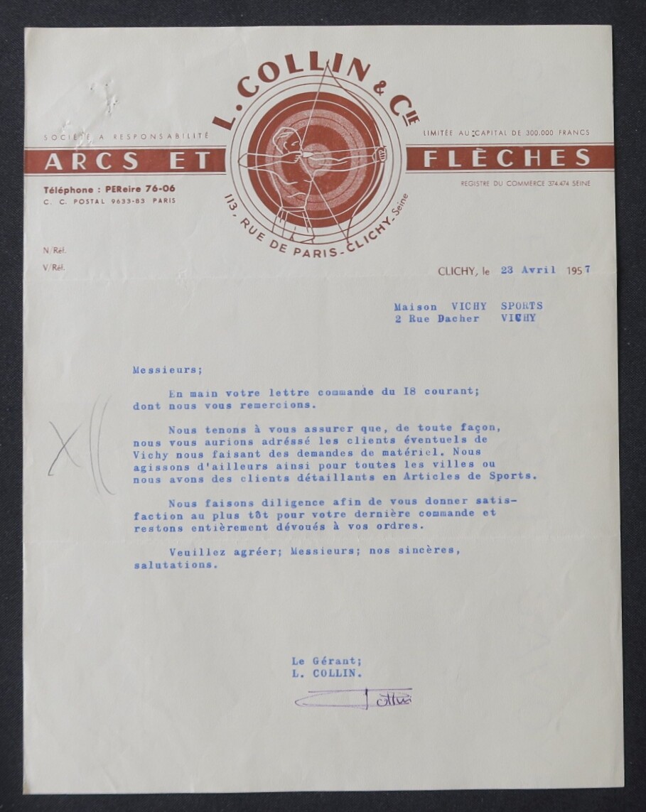 Factura CLICHY 1957 arcos y flechas COLLIN & Cie arco flecha ilustrado 74