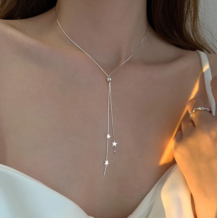 Ladies Necklace Silver Plated Star Sliding Lariat Pendant Necklace