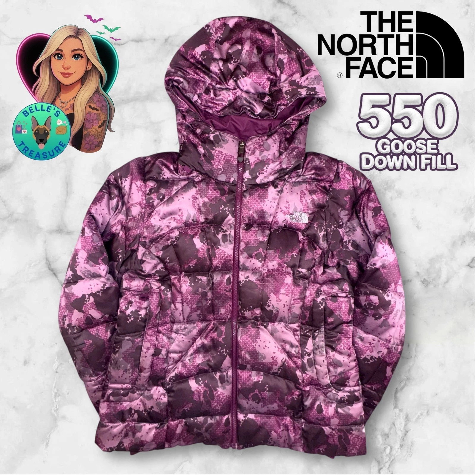 The North Face Destiny 550-Fill Down Snow Jacket Purple Camo Womens Medium Coat
