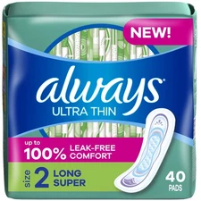 Always Ultra Thin Pads Without Wings, Size 2, Long Super Absorbency, 40 CT