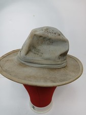 VINTAGE Safari Hat Pith Helmet Fitted Mens Khaki Canvas Signed Wide Brim 60s