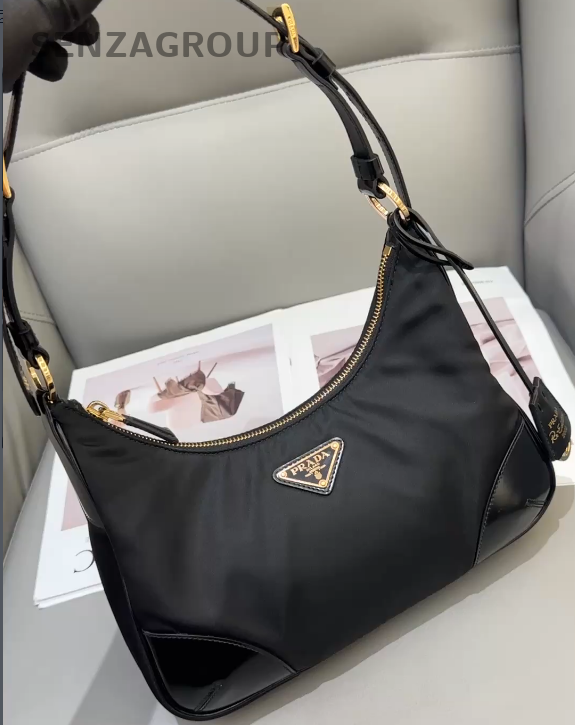 PRADA Classic Nylon logo Shoulder Handbag Black gold Women