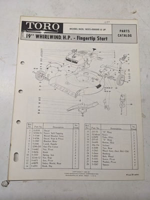 #ad TORO PARTS CATALOG LIST MANUAL 19” WHIRLWIND FINGERTIP 18215 1969 LAWN MOWER $10.49