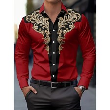 Men's Western Cowboy Shirt Long Sleeve Retro Printing Casual Buttons Down Shirt