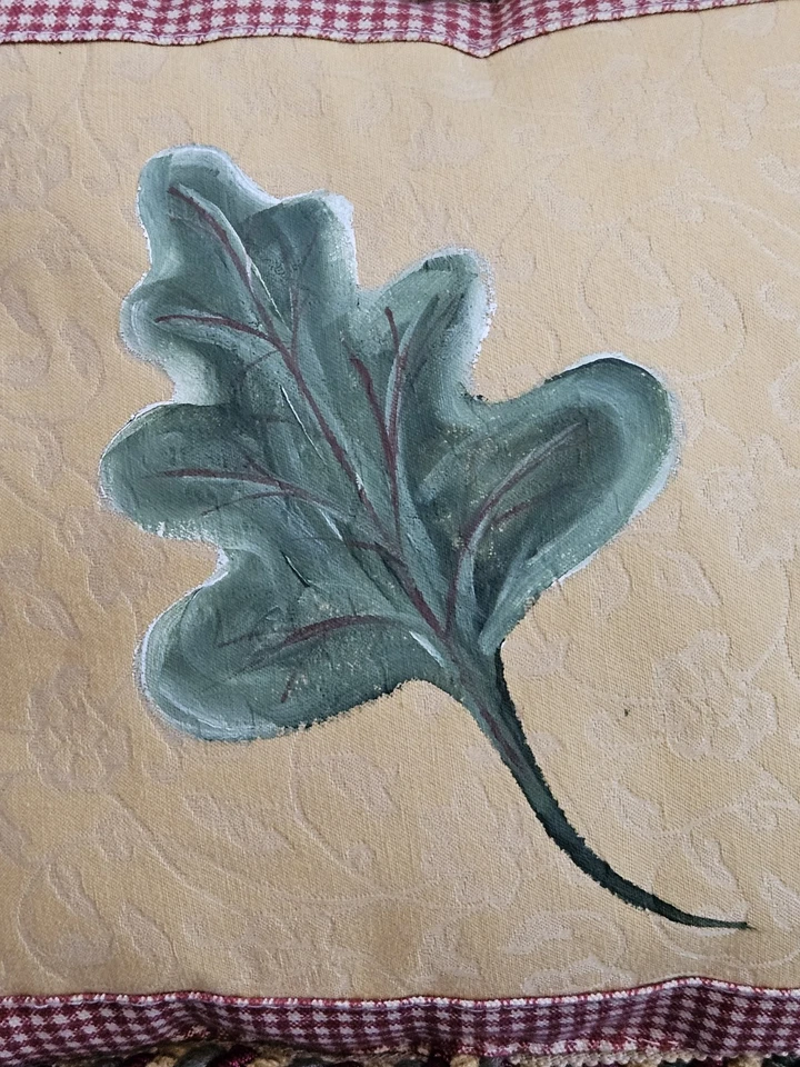 Throw Pillow Hand-Painted Fall Leaf, red gingham on other side, Braided Trim.  - Image 3 of 4
