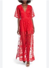 Socialite womens size M Red Lace Overlay Romper Maxi Dress v-neck zip