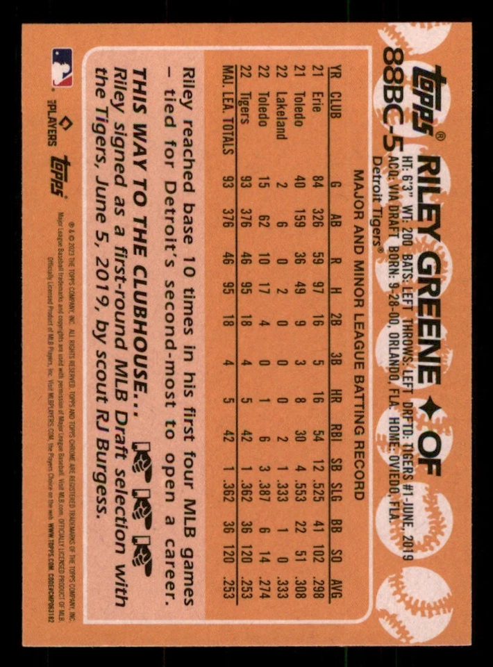 2023 Topps Chrome '88 Topps #88BC5 Riley Greene - Image 2 of 2