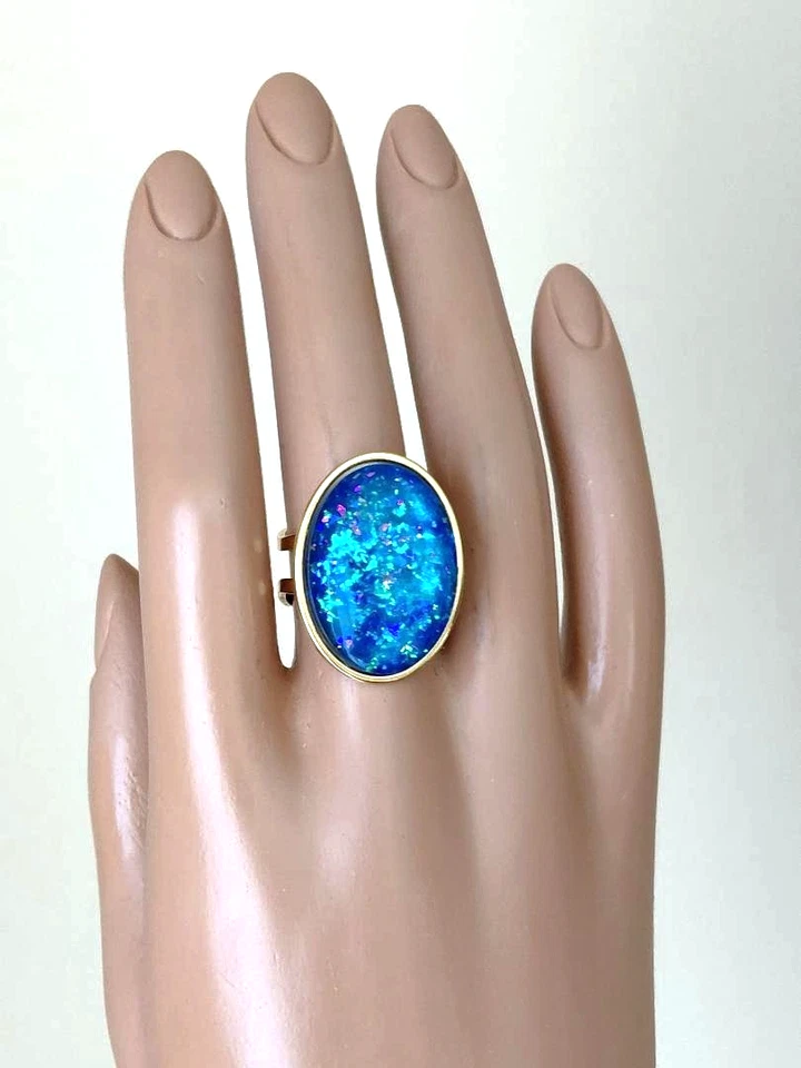 Anillo de ópalo resina azul hielo anillo de ópalo 18-KT GP o plata acero inoxidable 18x25 mm Foto 2 de 2