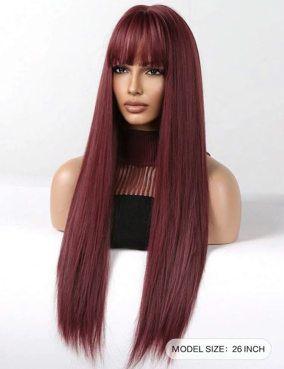 Perruque Synthétique Longue Droite Rouge Cuivré Avec Frange - Bonnet Taille Moyenne - Neuf Sans étiquettes