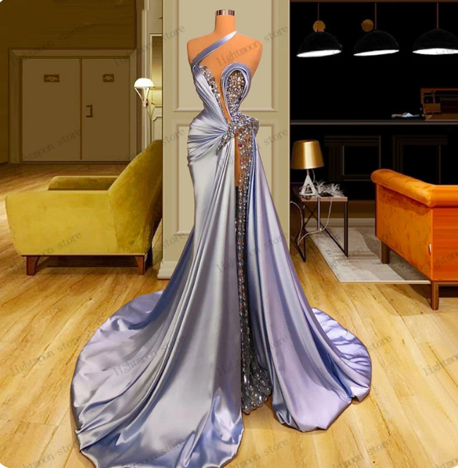 stunning elegant dresses Stunning Blue Off-the-shoulder High Split Evening Dresses-Bridelily