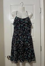 LOFT WOMENS BLUE NAVY FLORAL DRESS FULLY LINED RUFFLED NECKLINE THIN STRAP SZ 4