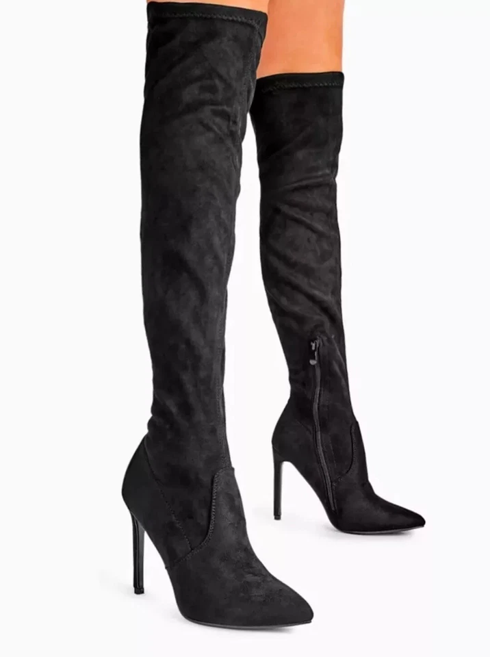 Liliana DB54 Mujer Gamuza Punta Punta Muslo Alto Suela Única Stiletto Bota Negro S 7 Foto 3 de 4