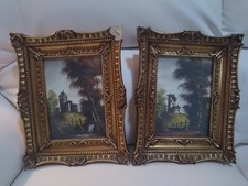 Barlini coppia di quadri olio su tela dipinti cornice intarsio dorata 27x21 