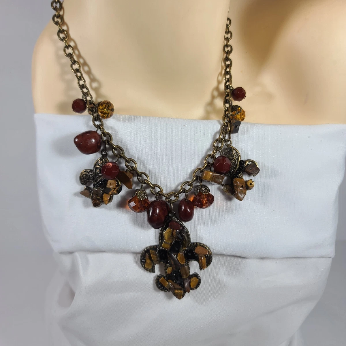 Yaili(?) Gold Tone Bead & Stone Fleur De Lis Pendant Necklace, 20-22. |  eBay