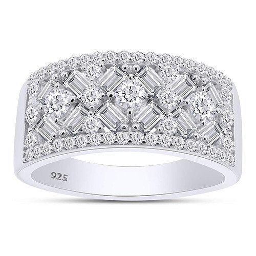 Cluster Wedding  Band Ring Round and Baguette Cut Cubic Zirconia Sterling Silver-image