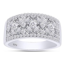 Cluster Wedding Band Ring Round and Baguette Cut Cubic Zirconia Sterling Silver