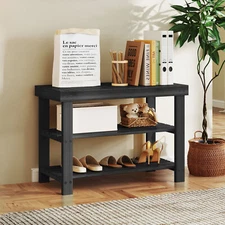 3-Tier Bamboo Shoe Rack Bench Slatted Stand Organizer Entryway Bench,Black