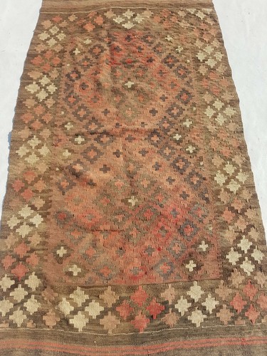 Distressed Fine Vintage Traditional Hand Made Oriental Wool Brown Kilim 164x94cm