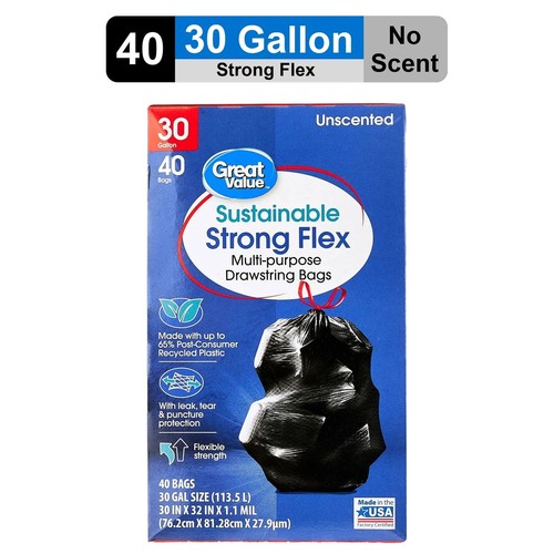 Sustainable Strong Flex 30-Gallon Drawstring Large Multi-Purpose Bags, 40 Count
