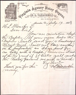 1883 Virginia Agency Estey Organs F.L. Vanauken Alexandria VA Letterhead
