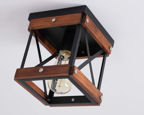 Rustic Farmhouse Flush Mount Ceiling Light 1-Light Metal and Wood Cage Mini Semi - Picture 6 of 8