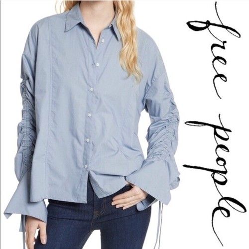 FREE PEOPLE Blue 100% Cottton Brown Eyed Girl Top Poplin Blouse Size S $88 NEW