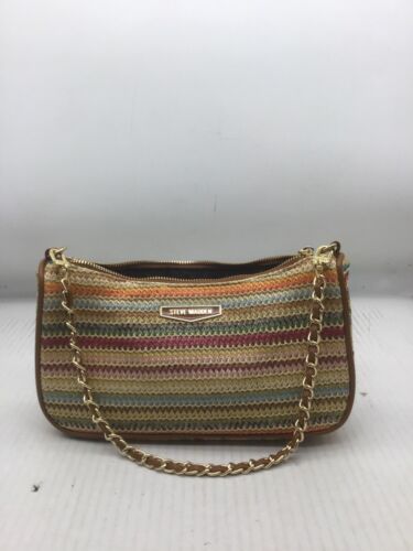 Steve Madden Multicolor Zigzag Straw Shoulder Bag With Gold Chain & Zip Closure
