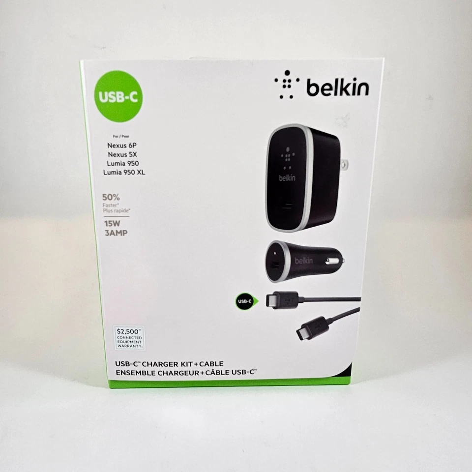 Belkin USB-C Rapid Charge Kit - Home & Car Charger + 1.5M Cable - New In Box - Image 1 of 3