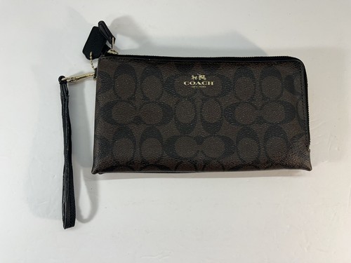 Coach Doppelreißverschluss Geldbörse Kalbsleder Signatur Braun Canvas
