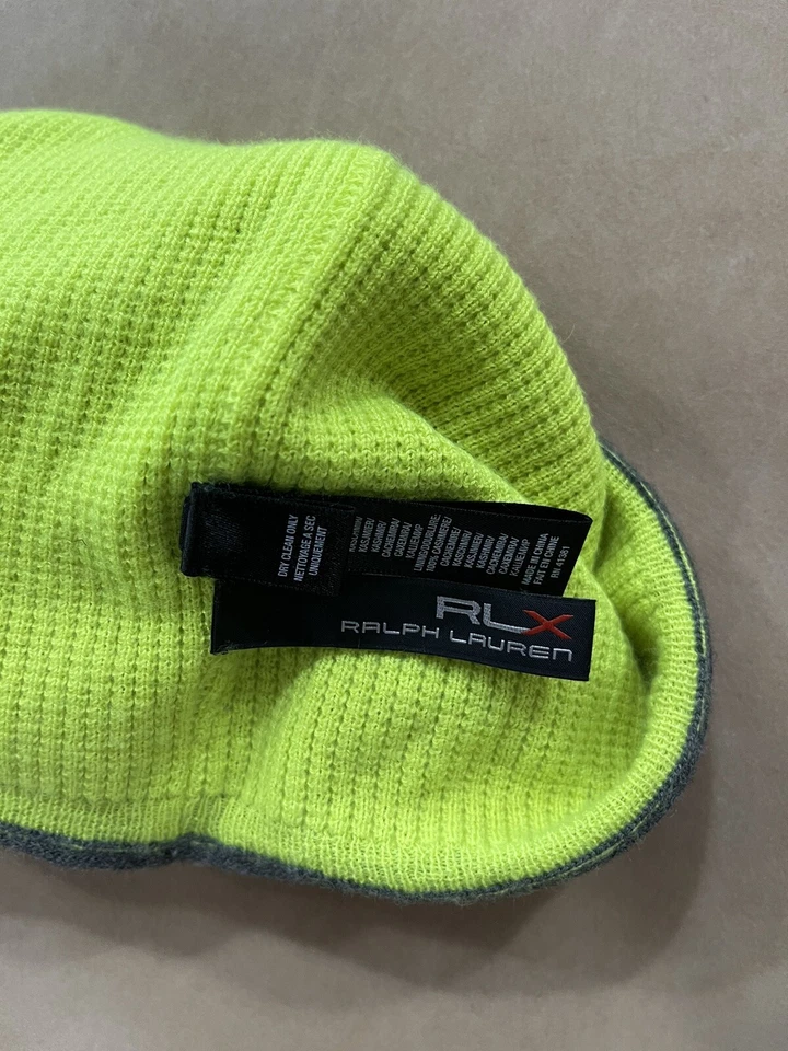 Gorro de cachemir forrado gris y verde neón RLX RALPH LAUREN O/S NUEVO SIN ETIQUETAS Foto 2 de 2